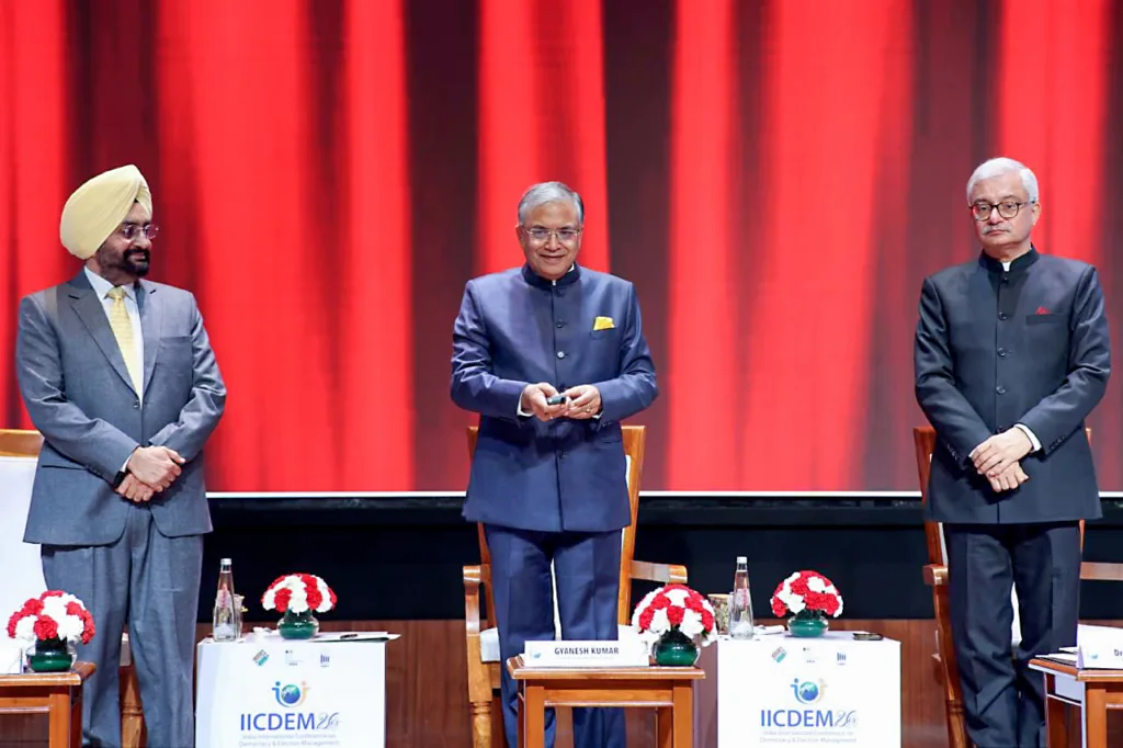 Chief Election Commissioner Gyanesh Kumar and Election Commissioners Sukhbir Singh Sandhu and Vivek Joshi 