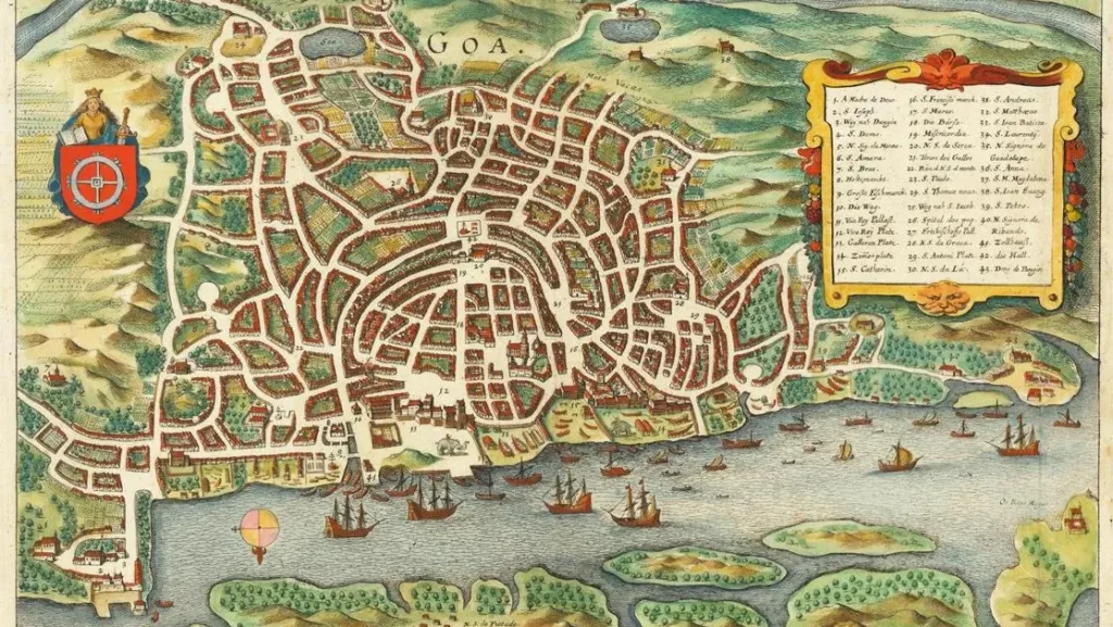 The image appears to show an antique bird's-eye view map of Goa in 1650